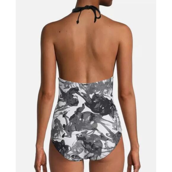 Calvin Klein INK SMOKE BLACK MULTI High-Neck Halter One-Piece Swimsuit, US 4 NWT - Picture 3 of 4